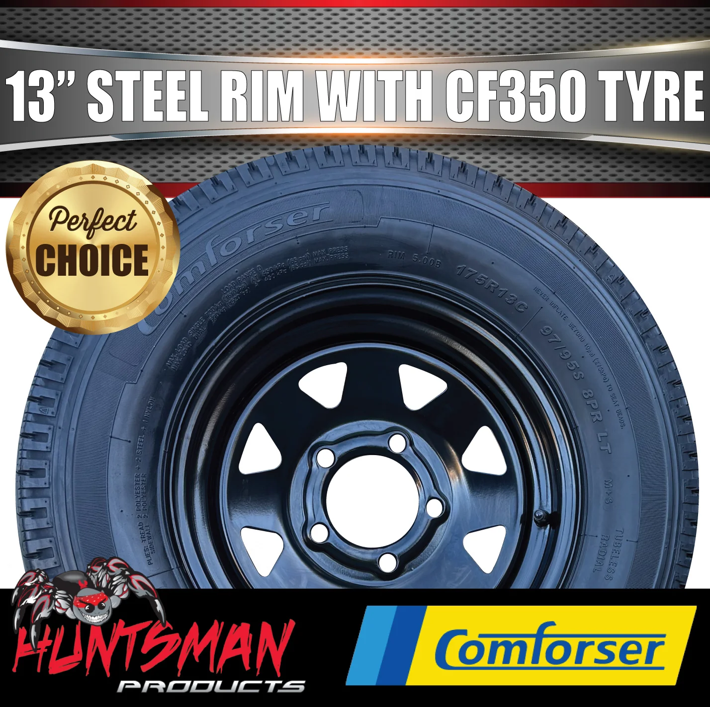 13x4.5 & 175R13C Black Ford Pattern Sunraysia Trailer Caravan Wheel Rim & Comforser CF350 Tyre - Image 3