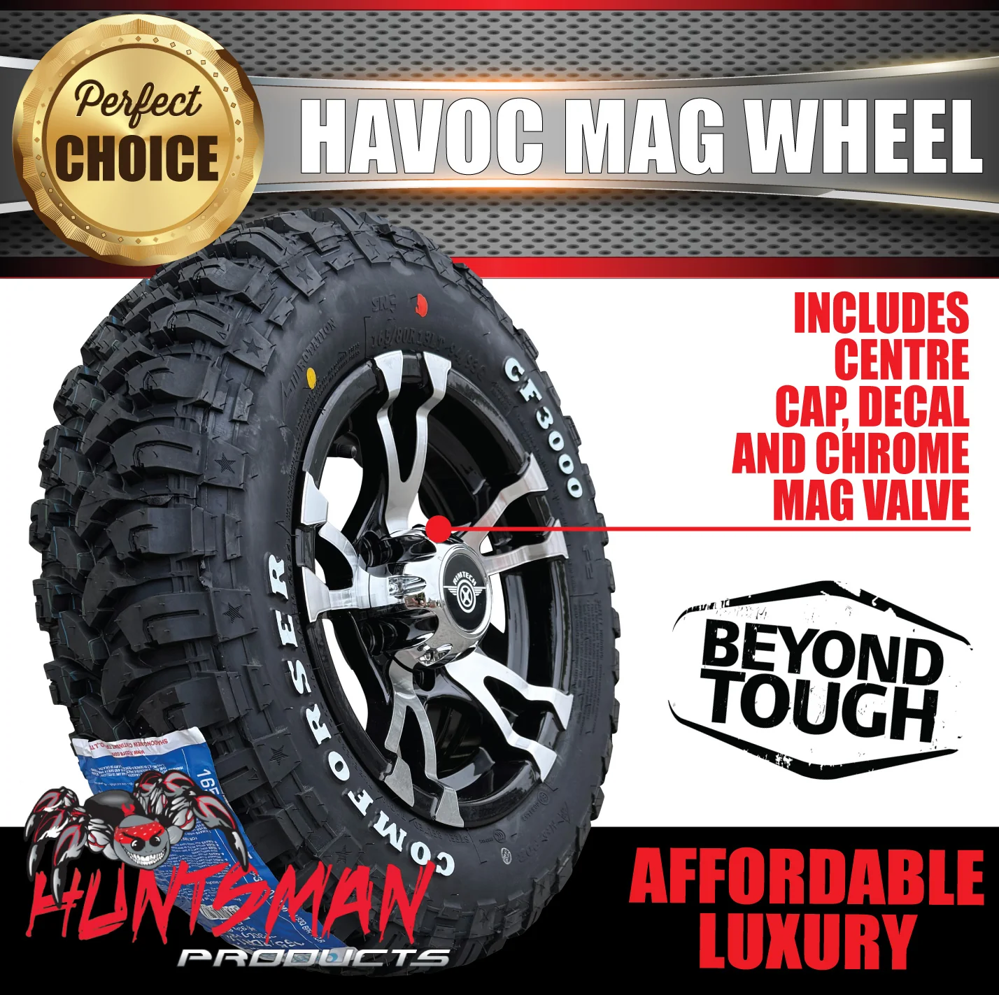 13" Trailer Caravan Ford Pattern Havoc Alloy & 165/80R13 CF3000 Mud tyre. 165 80 13 - Image 4