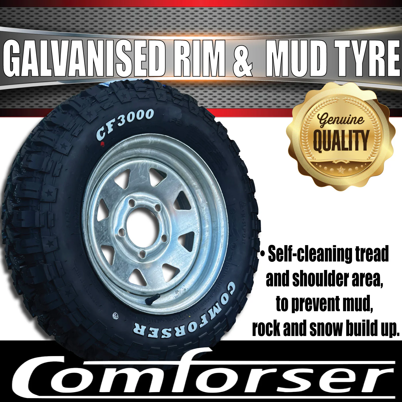 13x4 Ford Galvanised Boat Trailer Rim & 165/80R13 LT Comforser Mud Tyre - Image 4