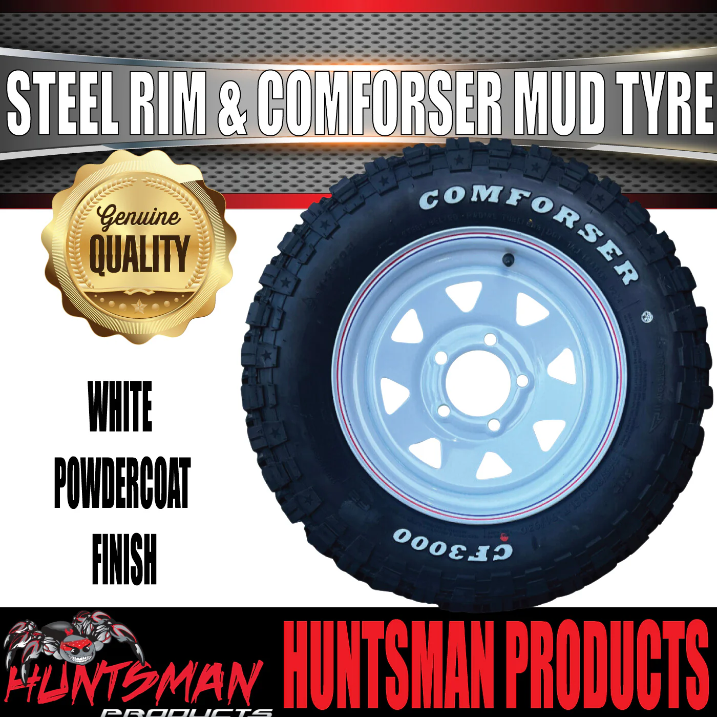 13x4.5 HT Holden White Trailer Steel Wheel Rim & 165/80R13 LT Comforser Mud Tyre - Image 2