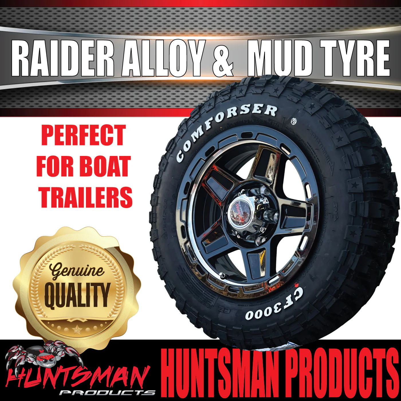 13x5 Ford Stud Silver Band Raider Trailer Alloy Rim & 165/80R13 LT Comforser Mud Tyre - Image 3