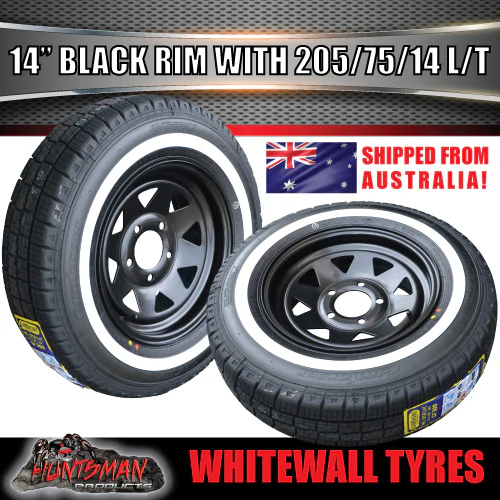 14" Ford Pattern Trailer Caravan Black Steel Rim & 205/75R14C Whitewall Tyre. 205 75 14 - Image 2