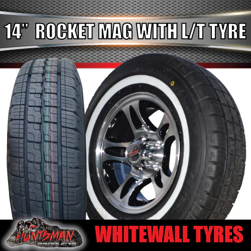 14" Trailer Caravan Ford Pattern Rocket Mag & 205/75R14C Whitewall Tyre. 205 75 14 - Image 2