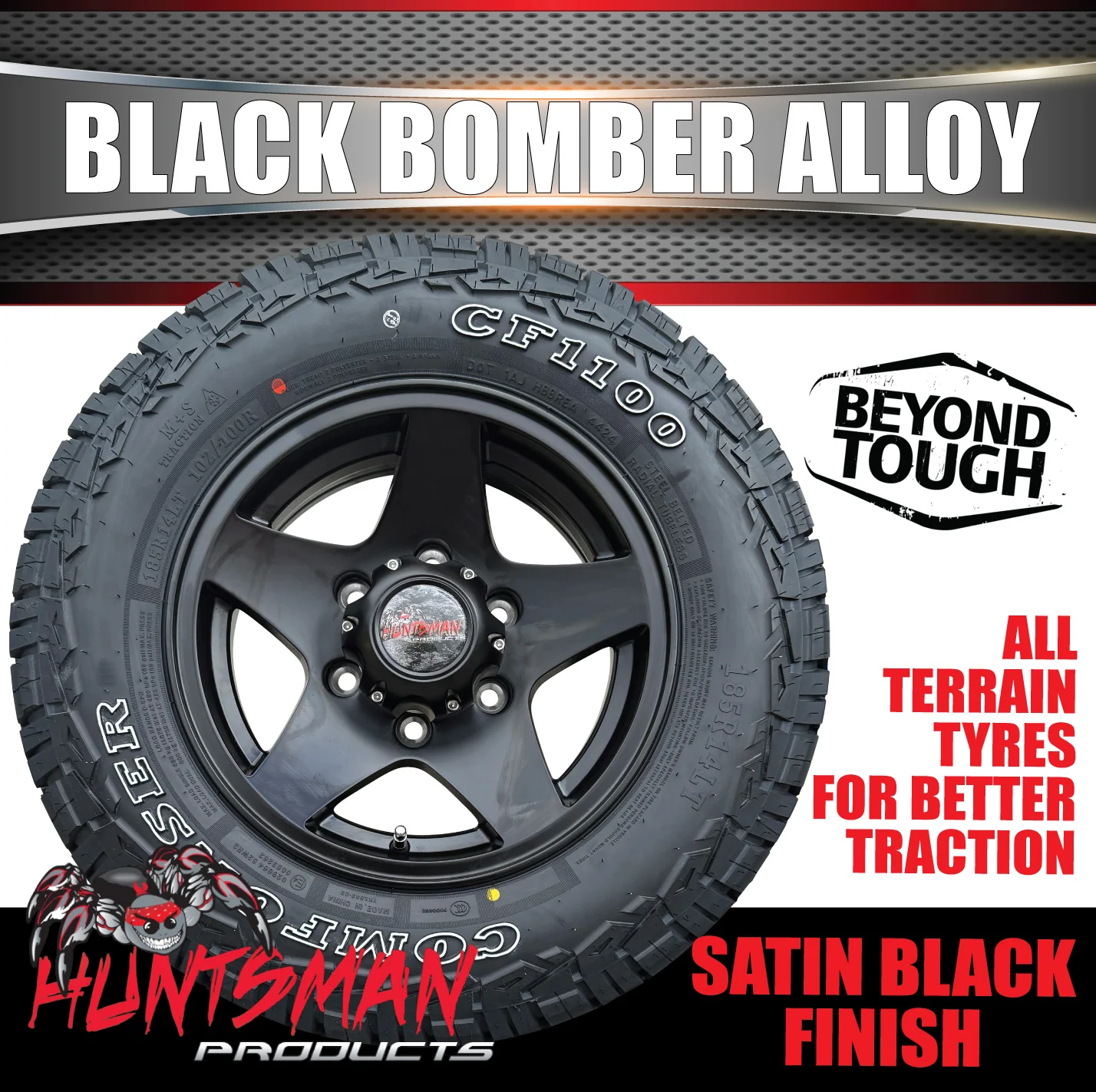 14" Trailer Caravan 6 Stud Black Bomber Alloy Wheel & 185R14 LT RA1100 A/T Commercial Tyre. 185 14 - Image 3