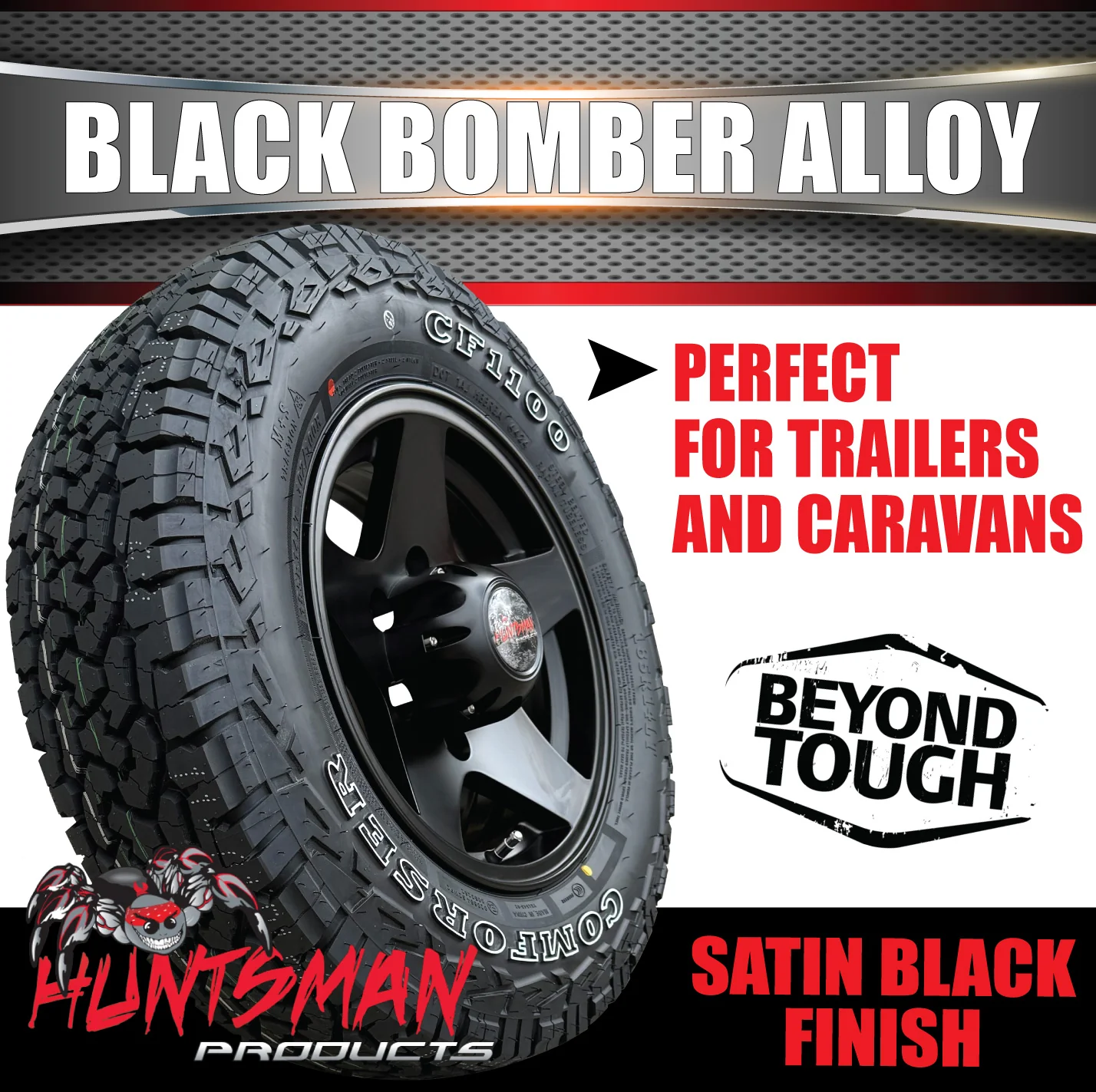 14" Trailer Caravan 6 Stud Black Bomber Alloy Wheel & 185R14 LT RA1100 A/T Commercial Tyre. 185 14 - Image 4