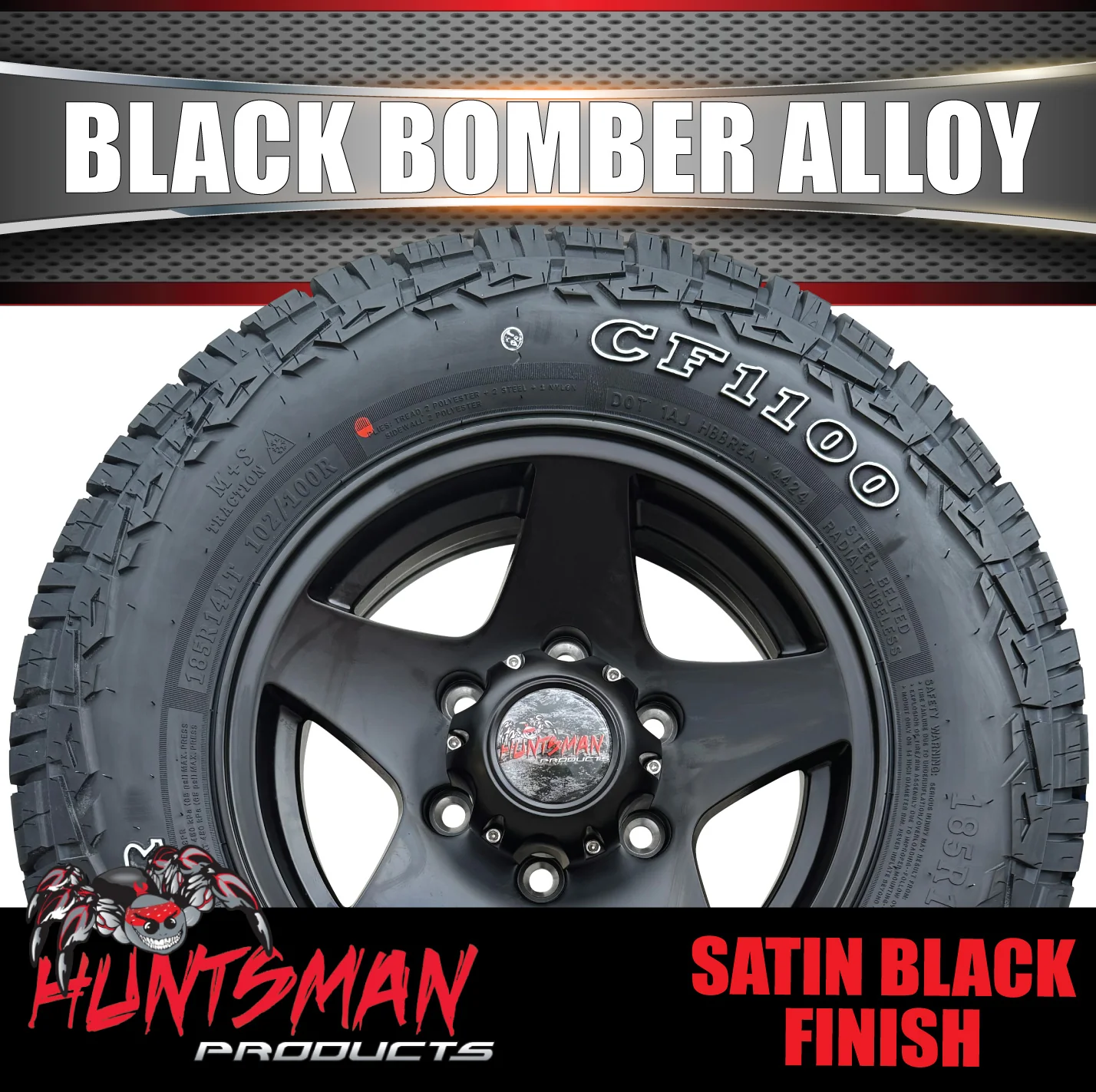14" Trailer Caravan 6 Stud Black Bomber Alloy Wheel & 185R14 LT RA1100 A/T Commercial Tyre. 185 14 - Image 5