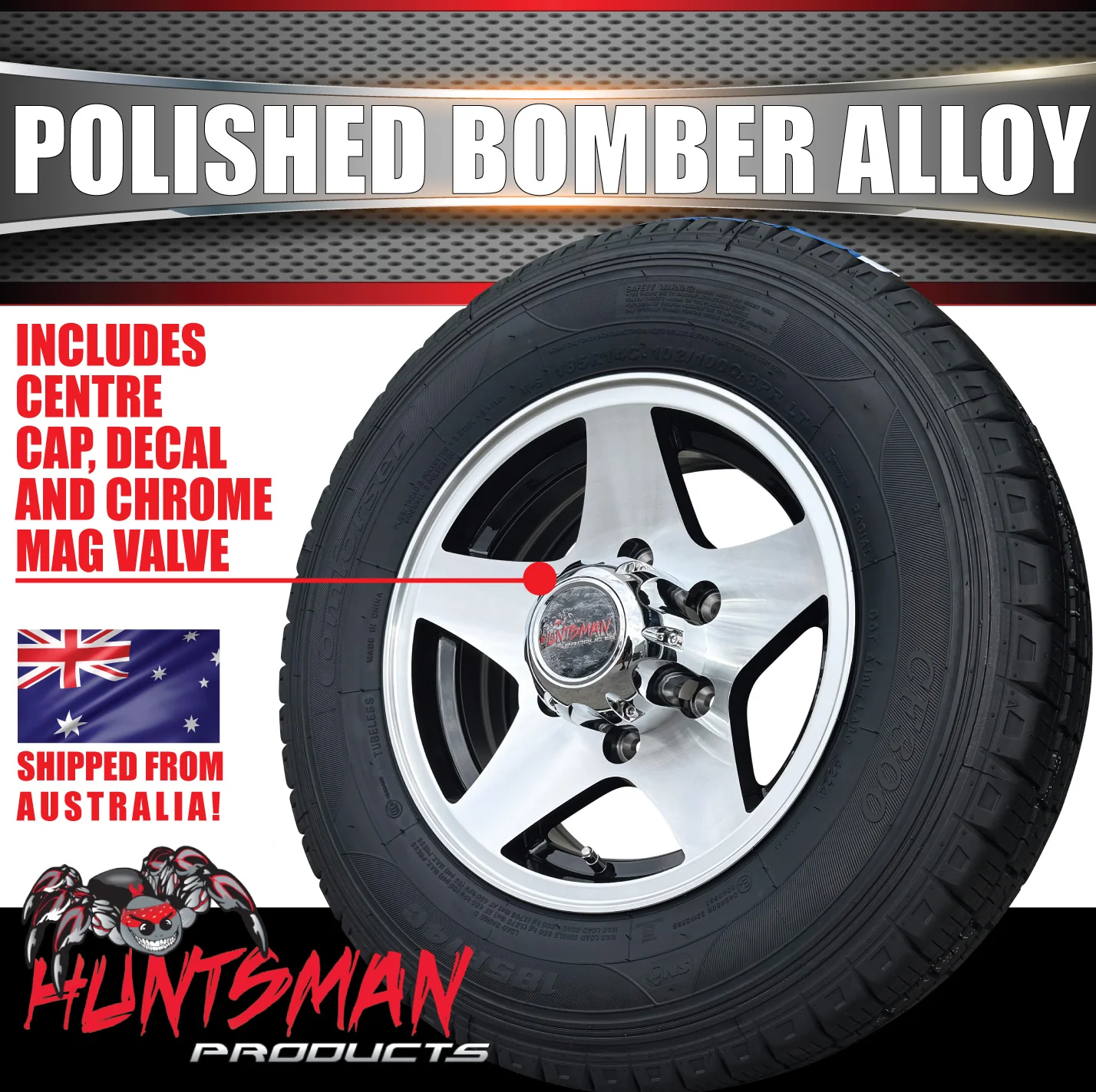 14" Trailer Caravan 6 Stud Polished Bomber Alloy Wheel & 195R14C Commercial Tyre. 195 14 - Image 3