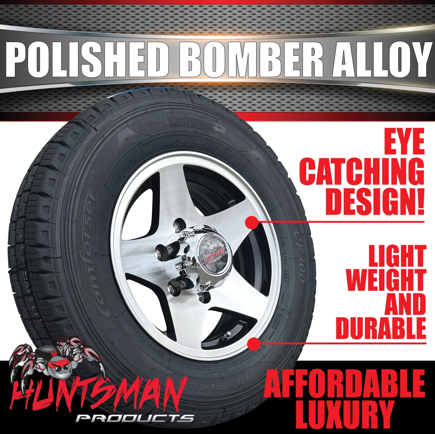 14" Trailer Caravan 6 Stud Polished Bomber Alloy Wheel & 195R14C Commercial Tyre. 195 14 - Image 4
