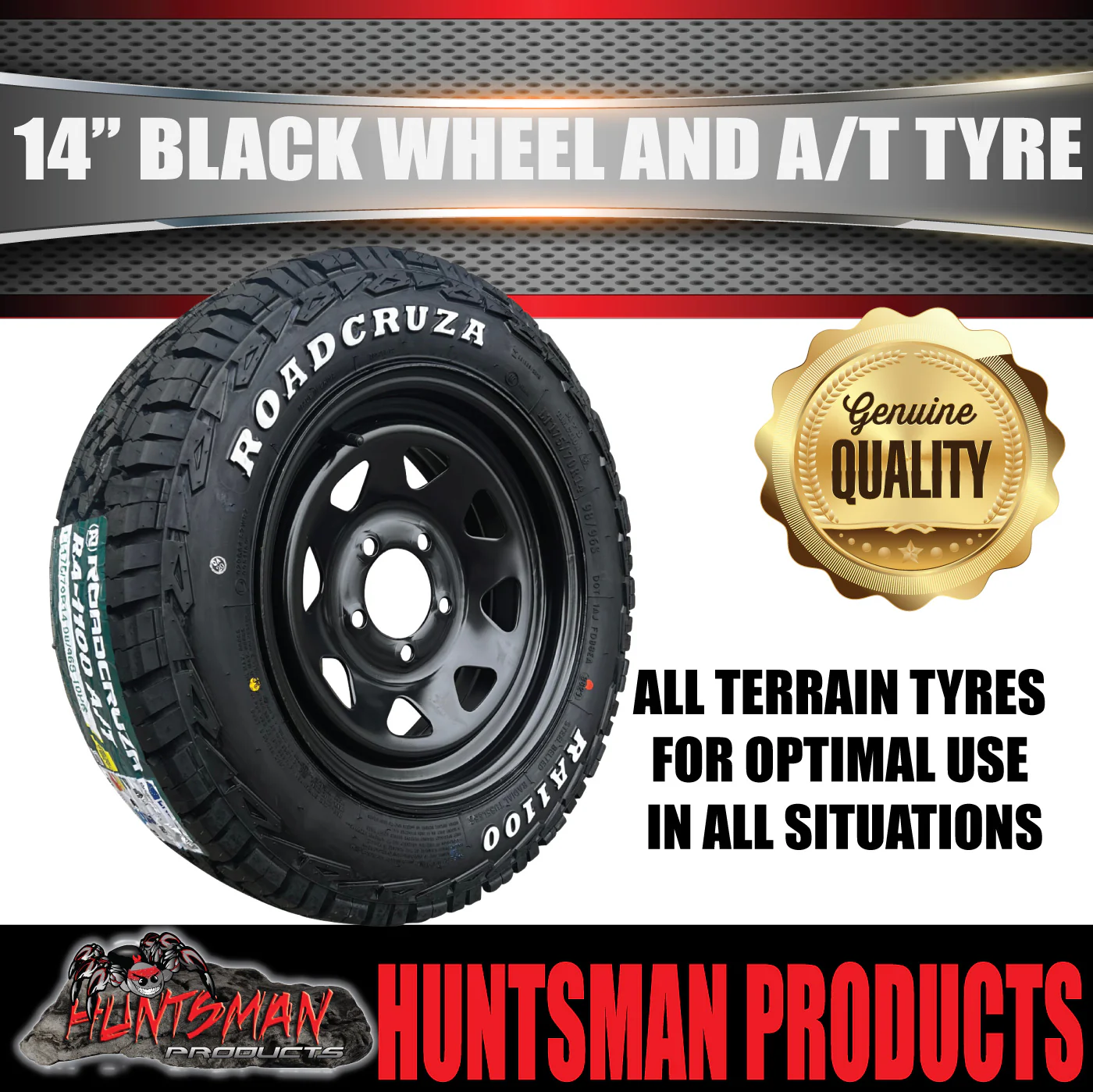 14x6 & 175/70R14 LT RA1100 Ford Stud Black Trailer Caravan Wheel Rim & All Terrain Tyre 10ply - Image 2