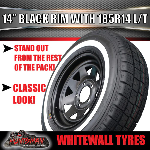 14X6 Black Trailer Caravan Steel Rim & 185R14C Whitewall Tyre suits Ford. 185 14 - Image 2