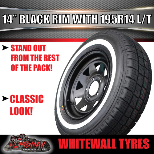 14X6 Trailer Caravan Ford Pattern Black Steel Rim & 195R14C Whitewall Tyre. 195 14 - Image 2