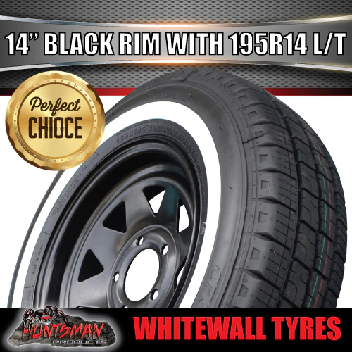 14X6 Trailer Caravan Ford Pattern Black Steel Rim & 195R14C Whitewall Tyre. 195 14 - Image 3