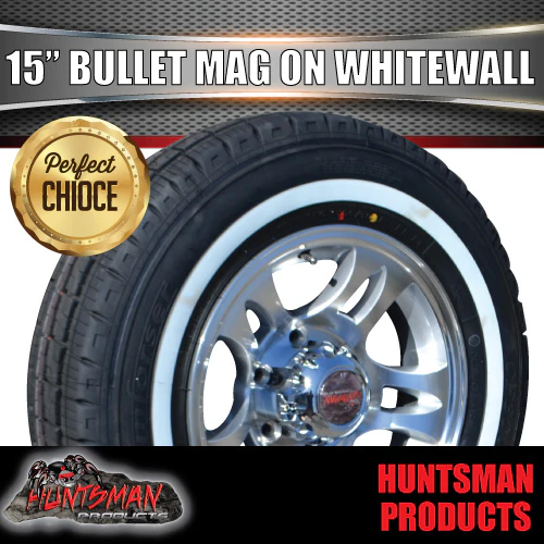 15" Trailer Caravan 6 Stud Bullet Mag Wheel & 195R15C Whitewall Tyre. 195 15 - Image 4