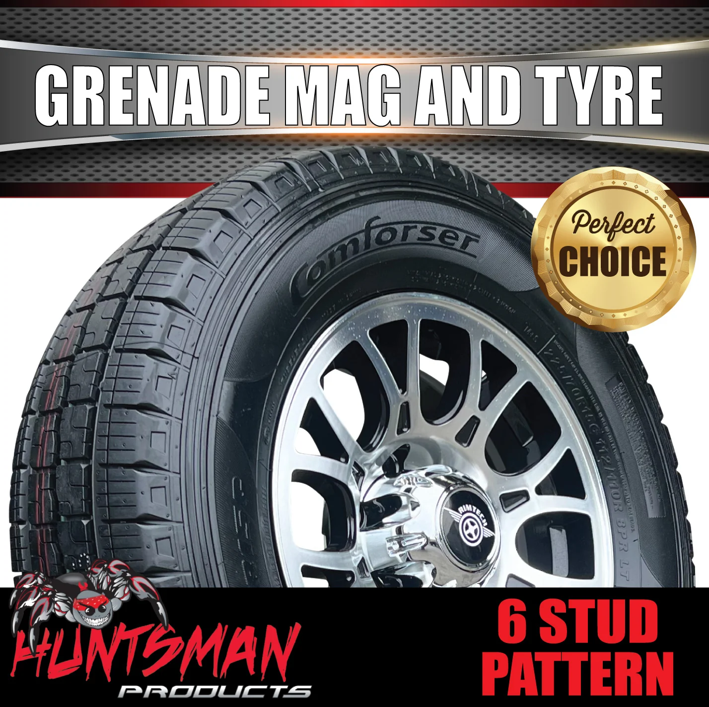 15" 6 Stud Trailer Caravan Grenade Alloy Mag Rim & 195R15C Tyre. 195 15 - Image 2