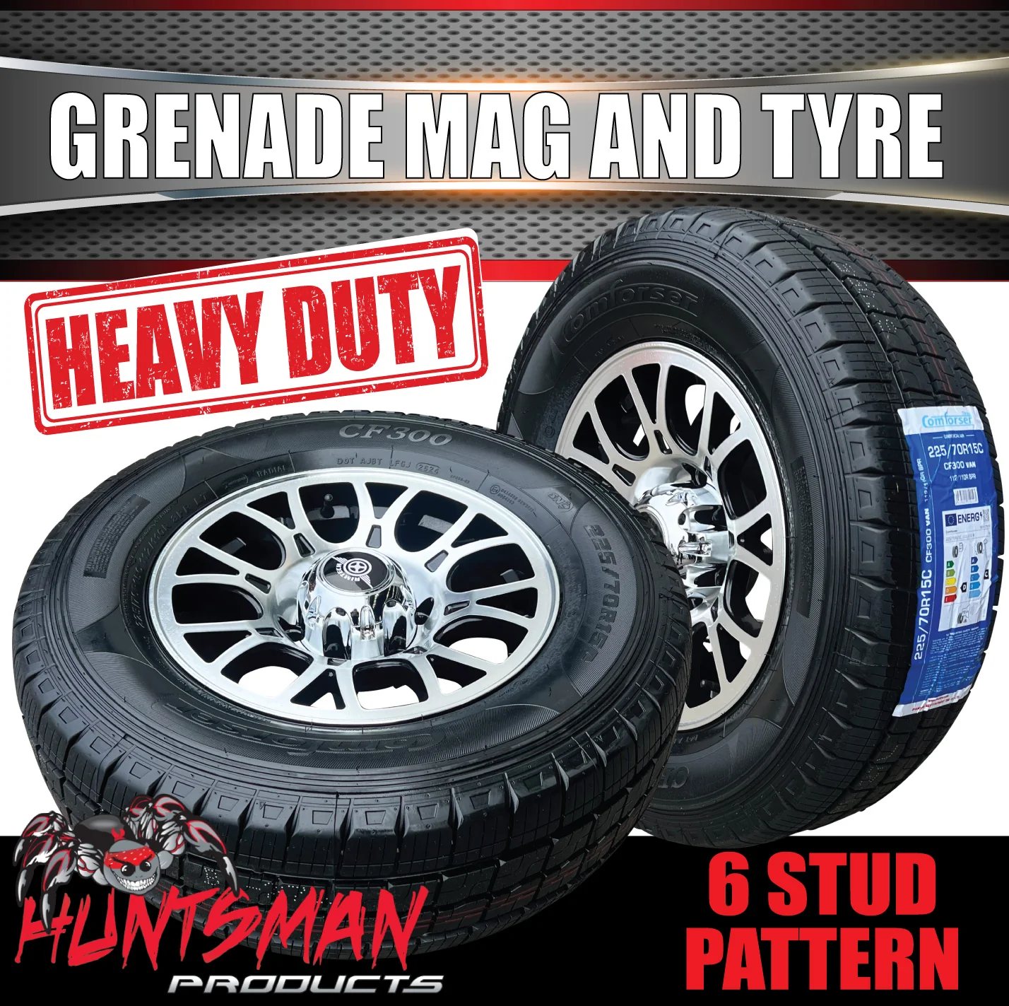 15" 6 Stud Trailer Caravan Grenade Alloy Mag Rim & 195R15C Tyre. 195 15 - Image 3