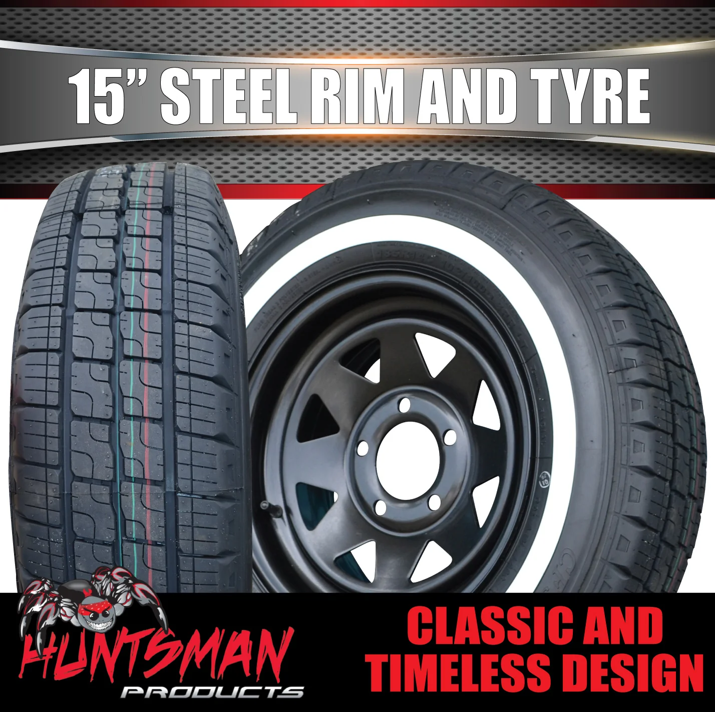 15" Ford Pattern Caravan Trailer Black Steel Rim & 205/70R15C Comforser CF300 Whitewall Tyre - Image 3