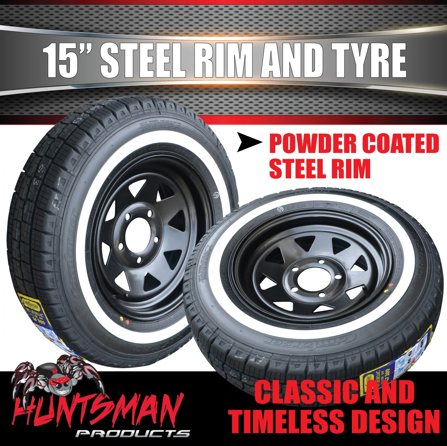 15" Ford Pattern Caravan Trailer Black Steel Rim & 205/70R15C Comforser CF300 Whitewall Tyre - Image 4