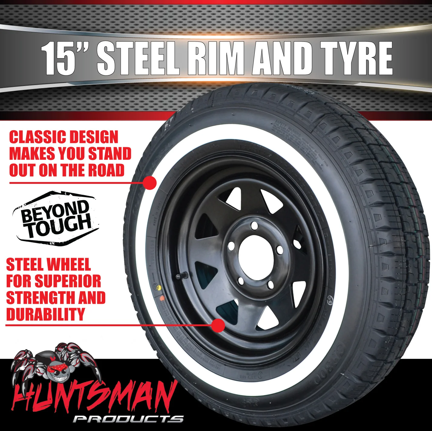 15" Ford Pattern Caravan Trailer Black Steel Rim & 205/70R15C Comforser CF300 Whitewall Tyre - Image 5