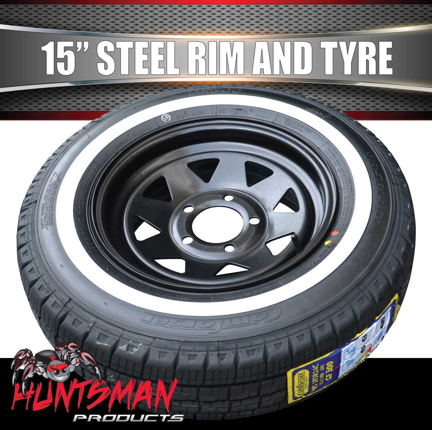 15" Ford Pattern Caravan Trailer Black Steel Rim & 205/70R15C Comforser CF300 Whitewall Tyre - Image 6