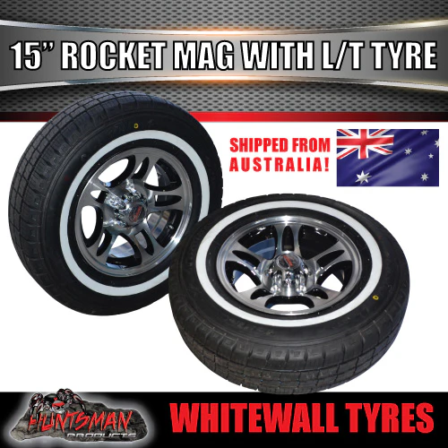 15" Trailer Caravan Ford Pattern Rocket Alloy Rim & 195R15C Whitewall Tyre. 195 15 - Image 2