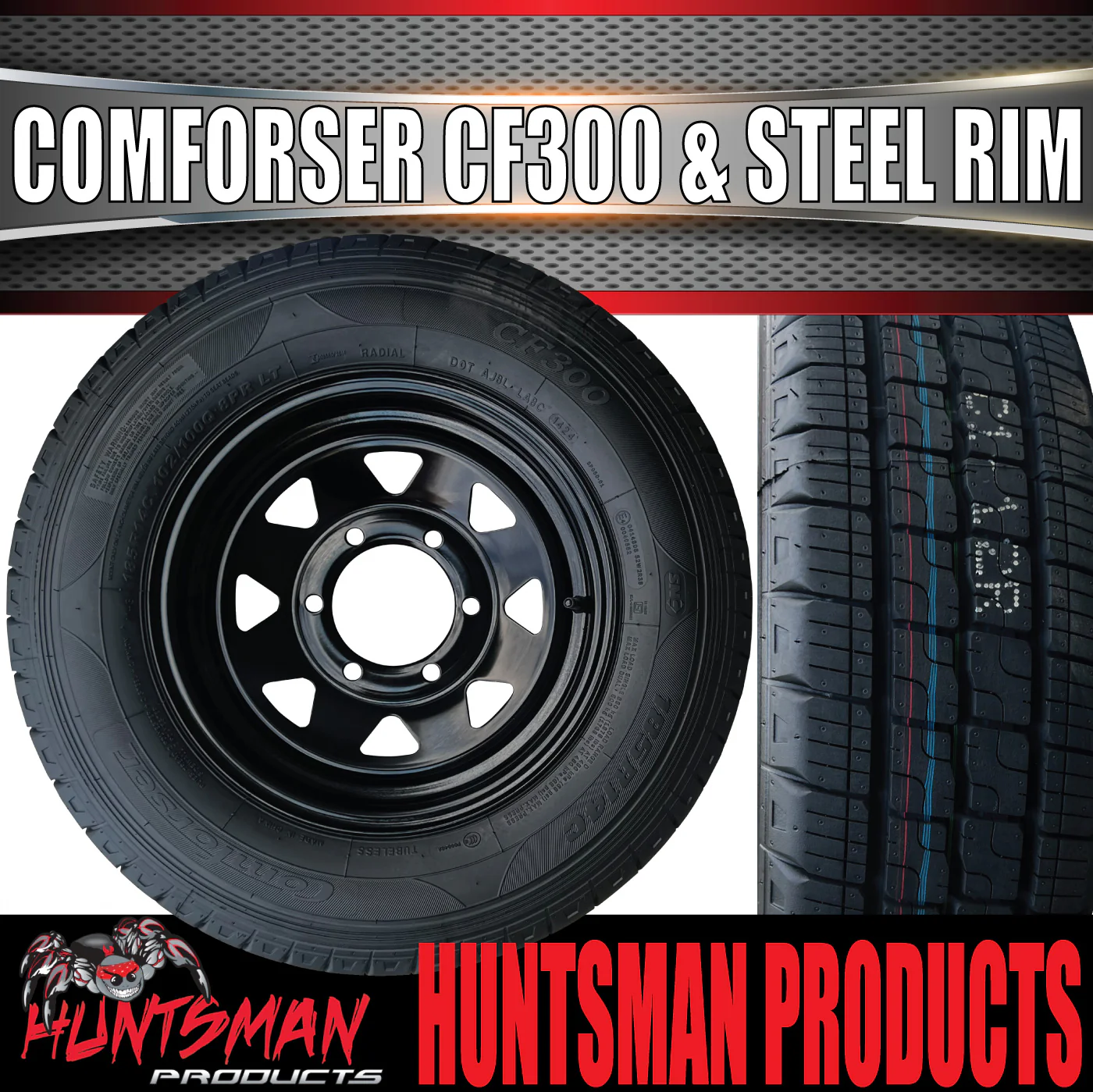 15x6 & 195R15C Black 6 Stud Caravan Trailer Sunraysia Steel Wheel Rim & Comforser CF300 Tyre - Image 2