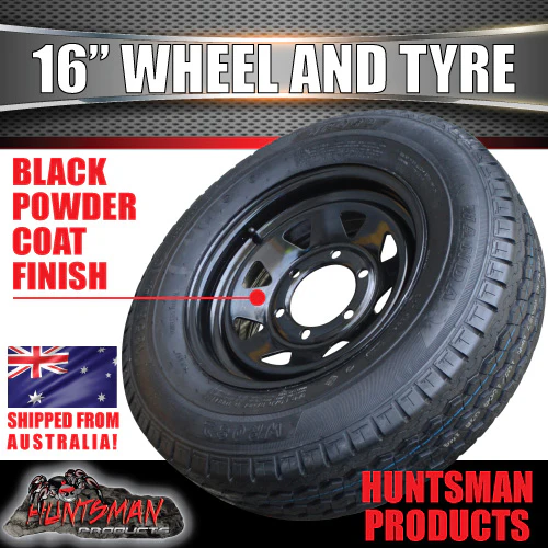 16x6" 6 stud black caravan trailer steel wheel & 225/75R16C L/T tyre. 225 75 16 - Image 3
