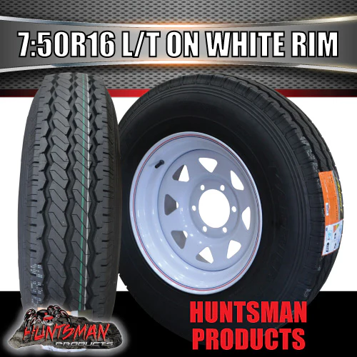 16x6" 6 stud trailer caravan white steel wheel rim & 7:50R16 L/T Truck tyre. 7.50 16 - Image 4
