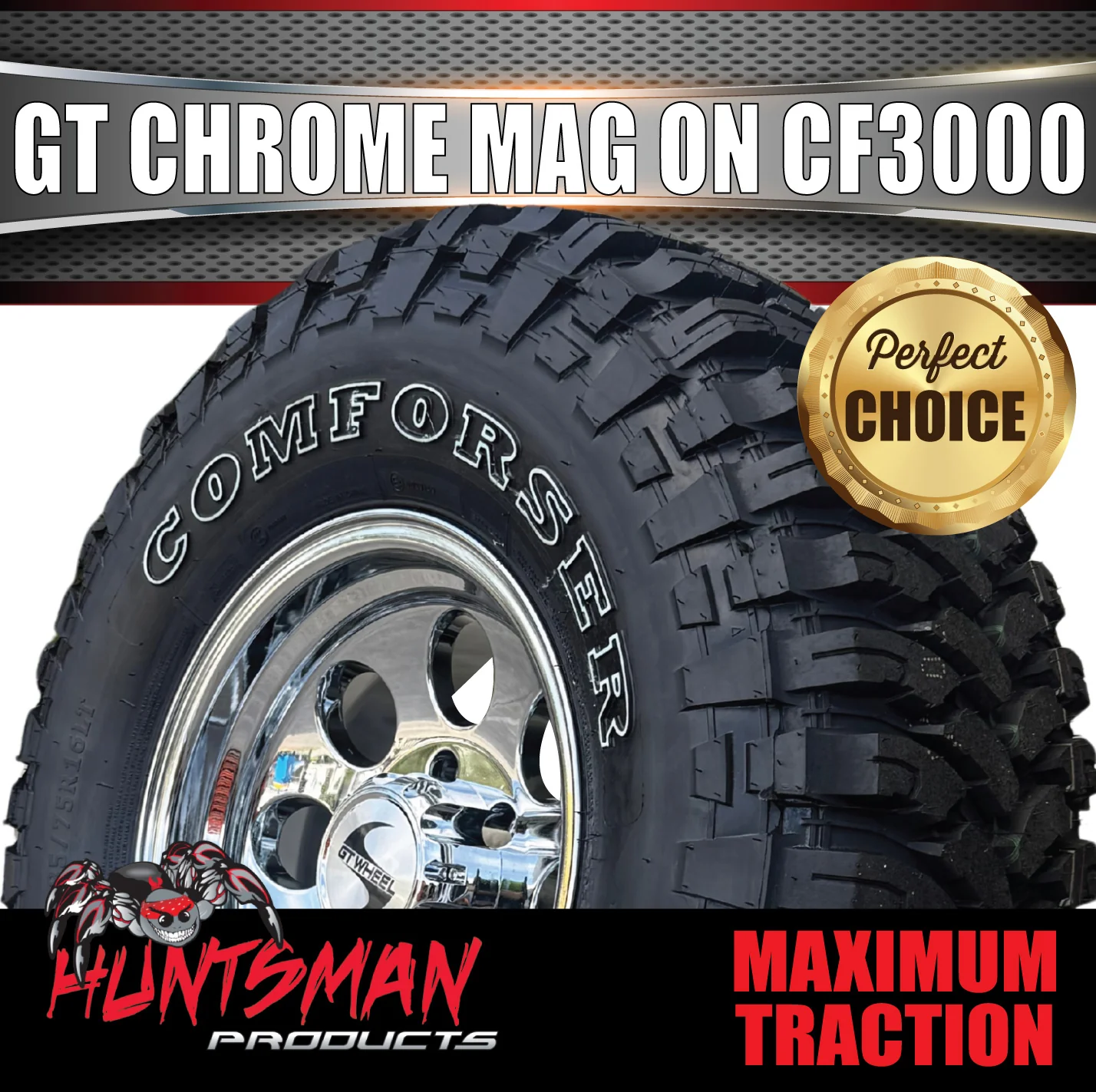 16" GT Vacuum Chrome Alloy Mag Wheel & 265/75R16 Comforser CF3000 Mud Tyre 32" - Image 3