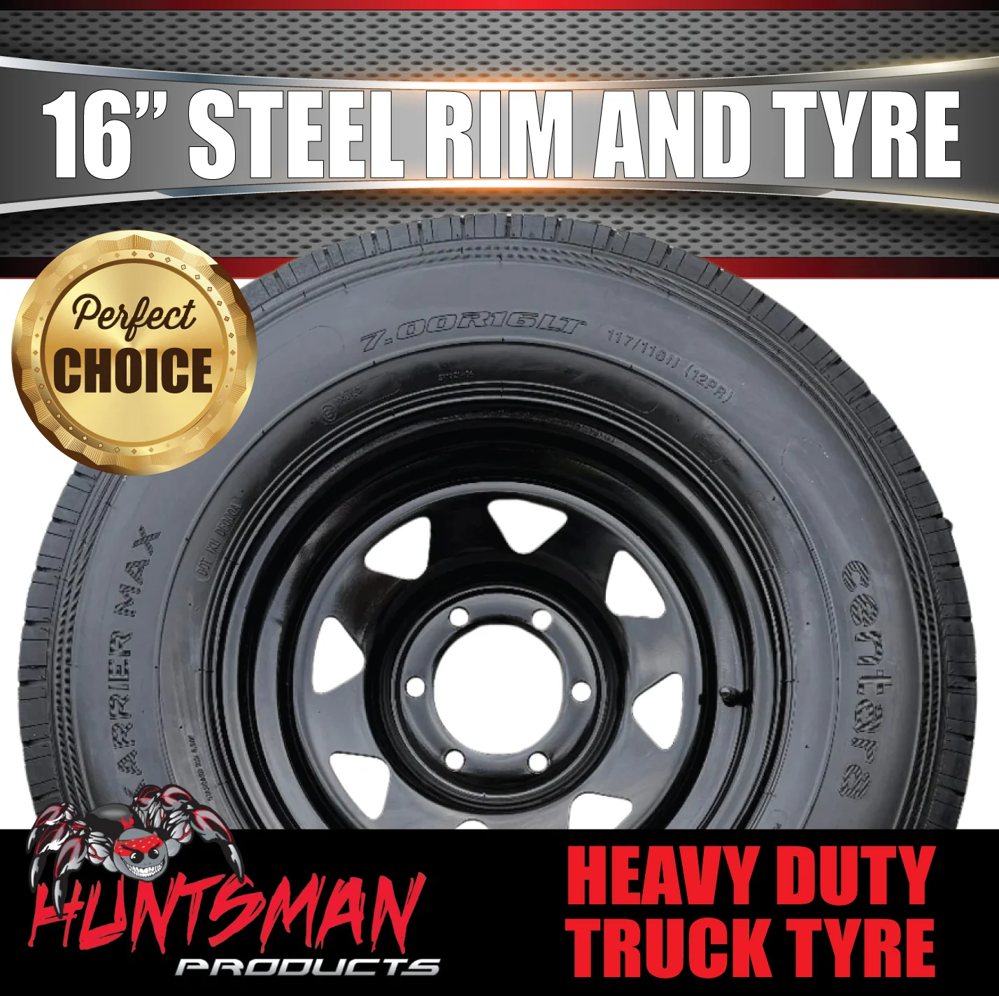 16x6" Plant Trailer Black 6 Stud Steel Rim & 7:50R16 L/T Truck Tyre 1200kg - Image 3