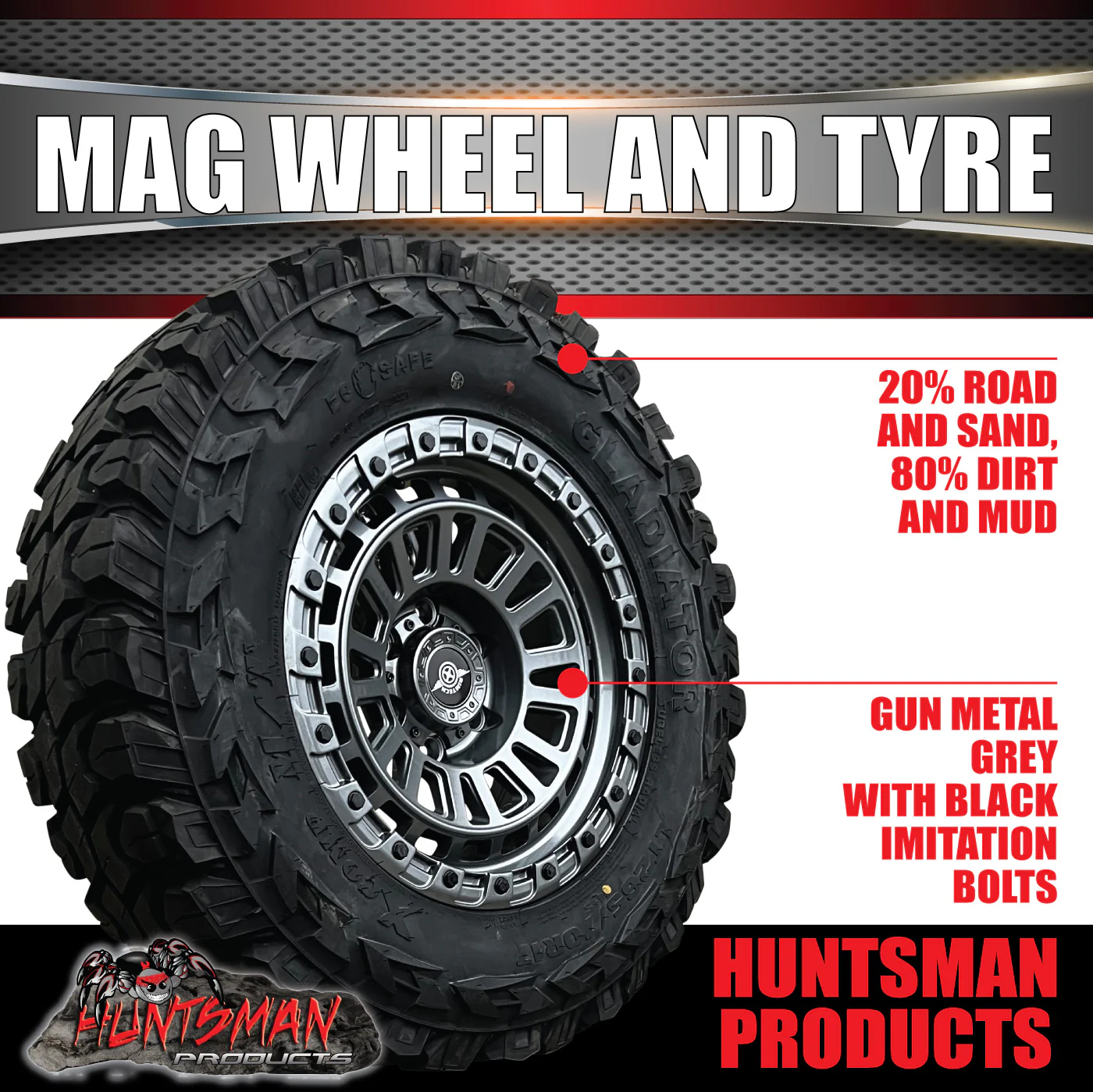 17x8 Sandstorm Gunmetal Alloy Wheel 6/139.7 pcd ET0 & 265/70R17 Gladiator Mud Tyre - Image 5