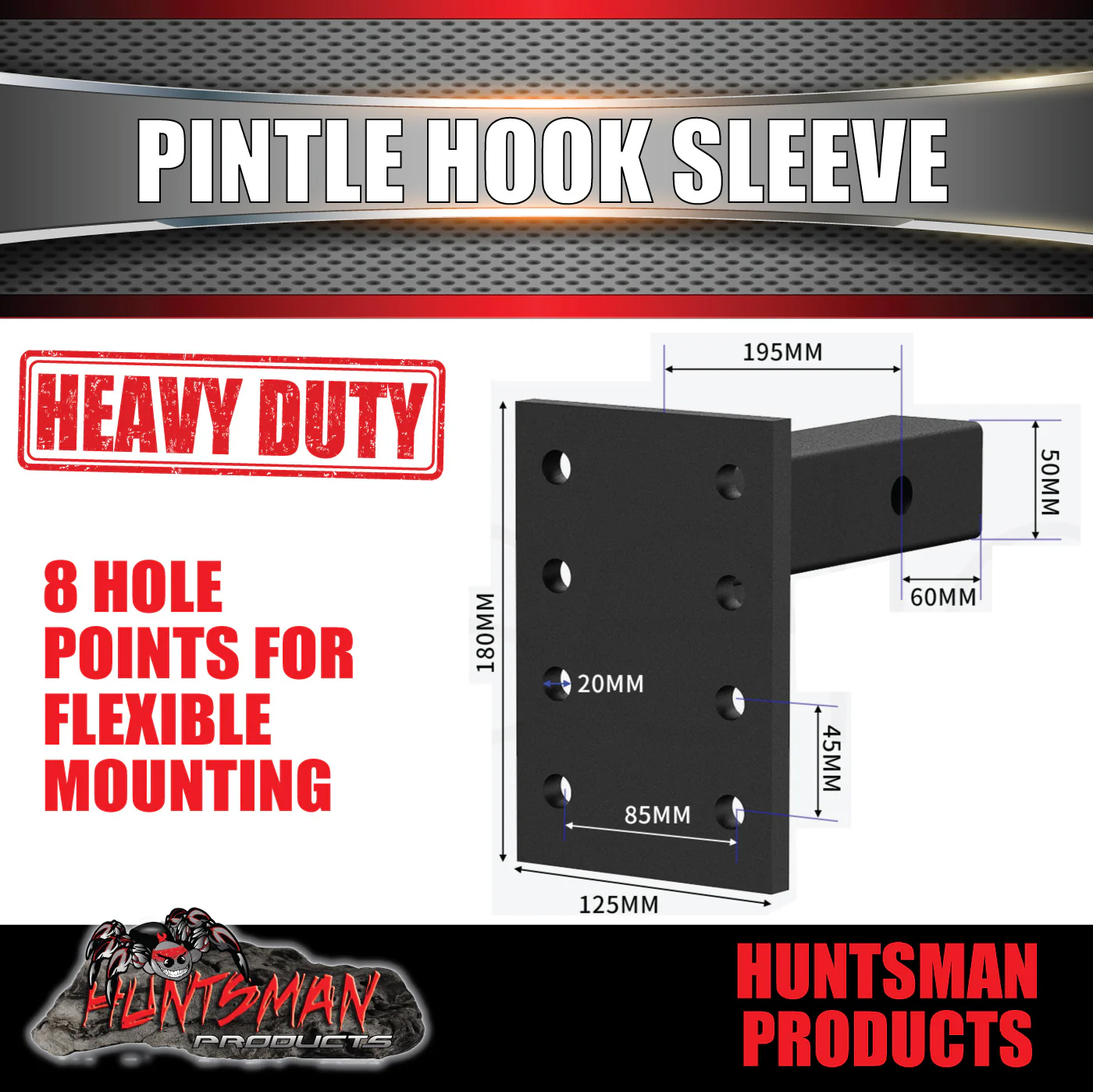 8" Adjustable Pintle Hook Sleeve, 2" Solid Square Tube, 8" Shank, 8 Holes 4500kg - Image 2