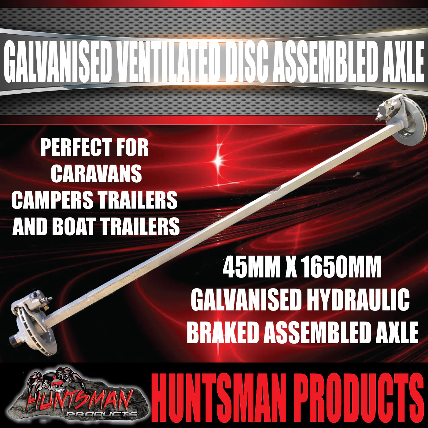 Galvanised 45mm Square Ventilated Hydraulic Disc Braked Trailer Axle 1400Kg, Axle Lengths 64''-77''. - Image 2