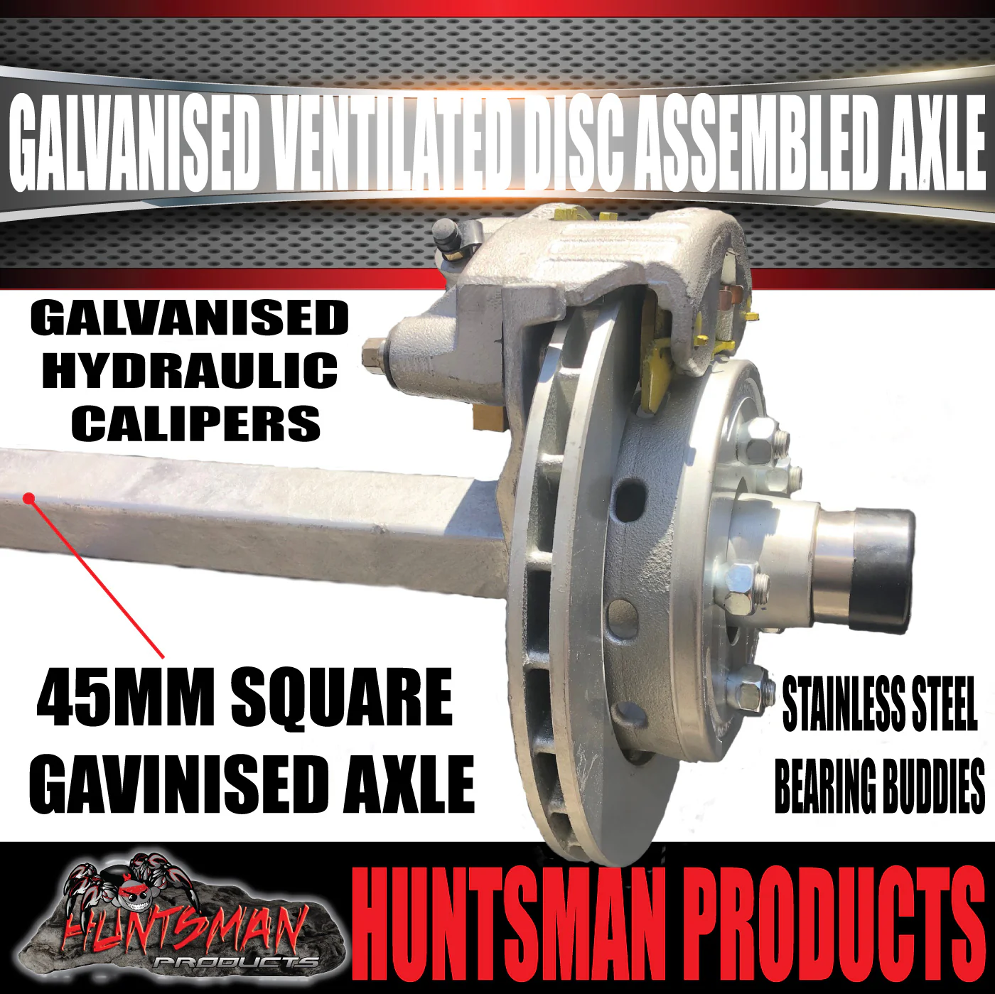 Galvanised 45mm Square Ventilated Hydraulic Disc Braked Trailer Axle 1400Kg, Axle Lengths 64''-77''. - Image 4