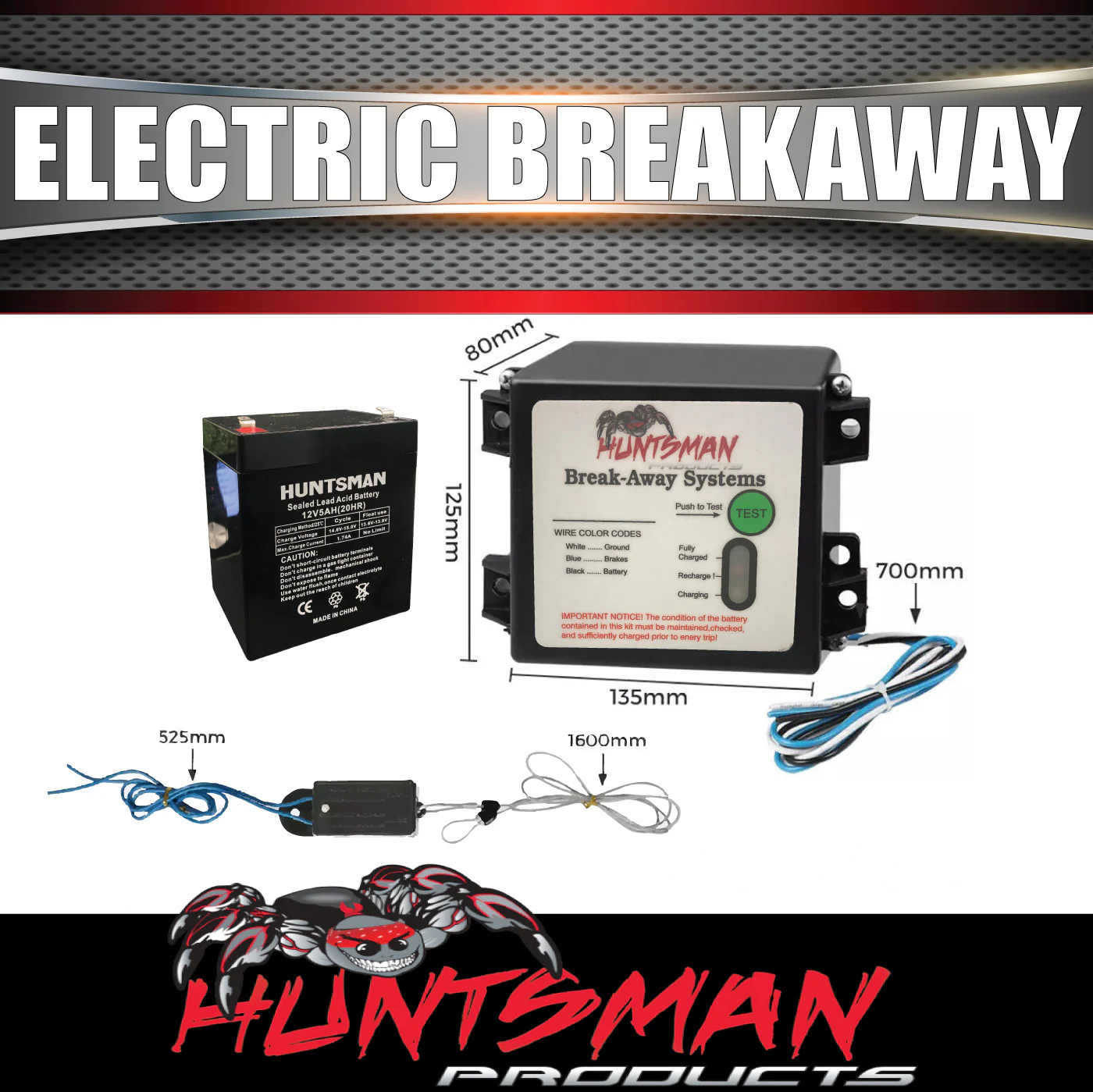 Huntsman Products Trailer Breakaway Unit System, Switch & Battery. LED Test! - Image 2