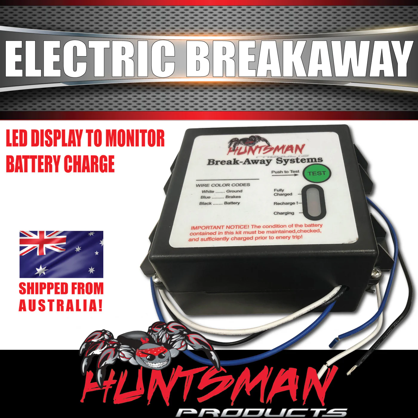 Huntsman Products Trailer Breakaway Unit System, Switch & Battery. LED Test! - Image 3