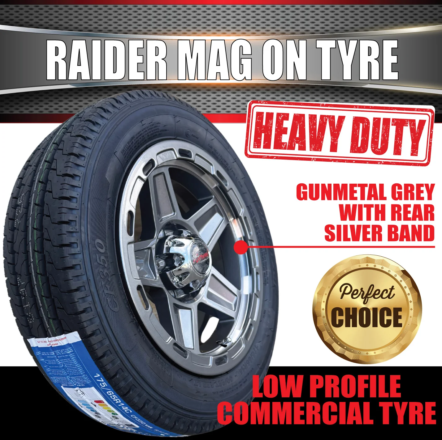 Low Profile Boat Trailer 14" Ford Stud Gunmetal Raider Mag Rim & 175/65R14C Tyre - Image 3