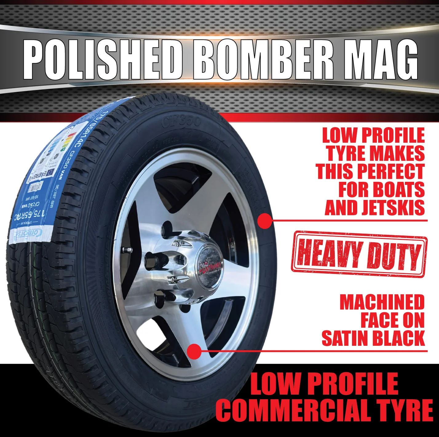 Low Profile Boat Trailer 14" Polished Bomber 6 Stud Alloy Mag Wheel & 175/65R14C Tyre - Image 5