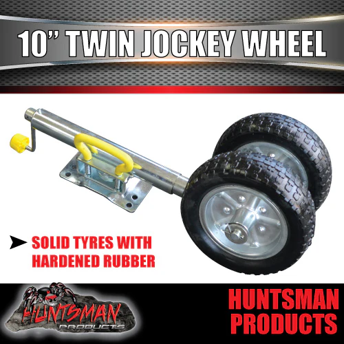 Twin Wheel 10" Trailer Caravan Jockey Wheel 1600kg Swing Up Solid wheels + U Bolts Suit 75x50mm Frame - Image 2