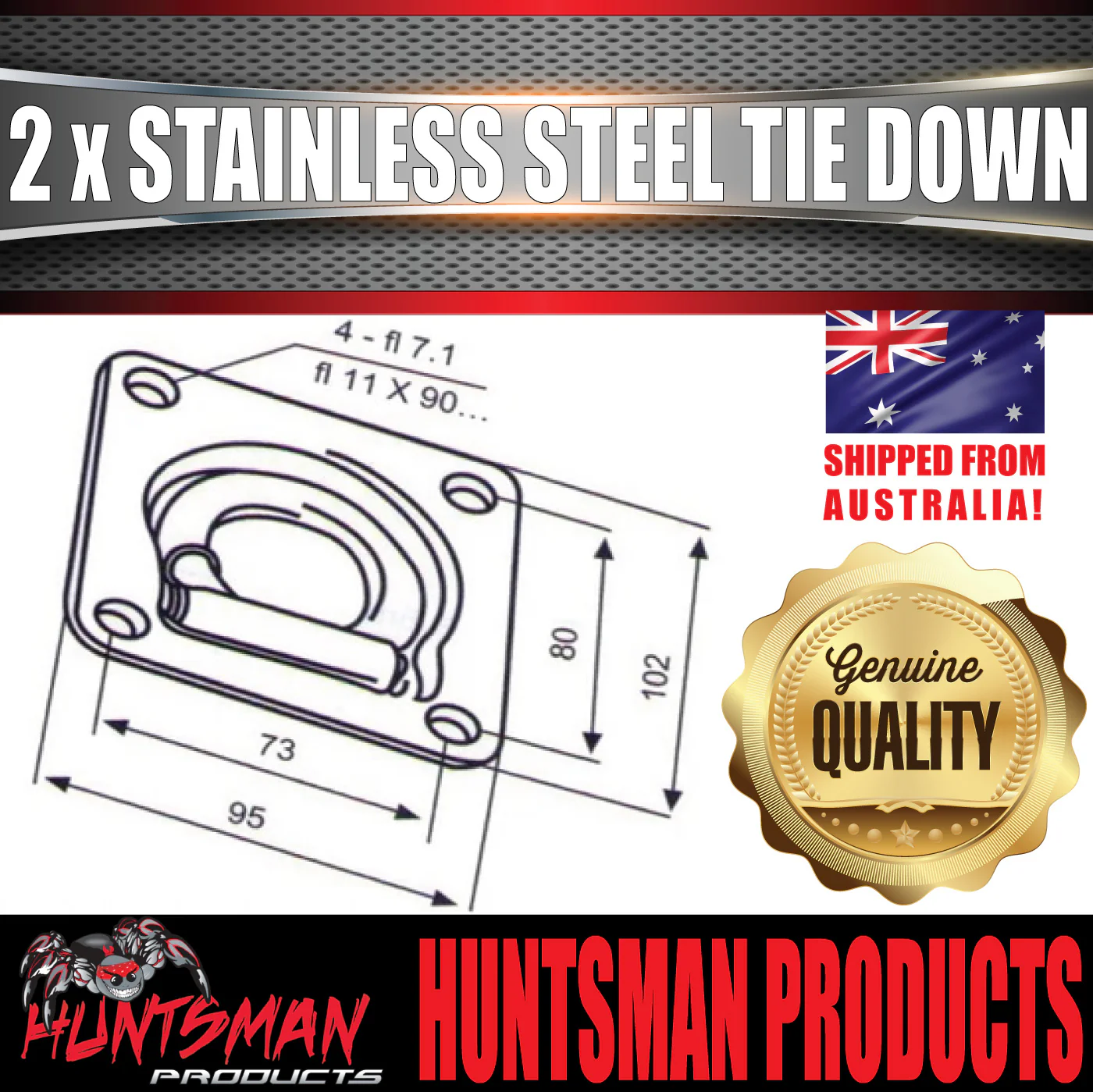 x2 Stainless Steel Lashing Ring Tie Down Point. 95mm x 102mm. Anchor For Trailer Utes - Image 3