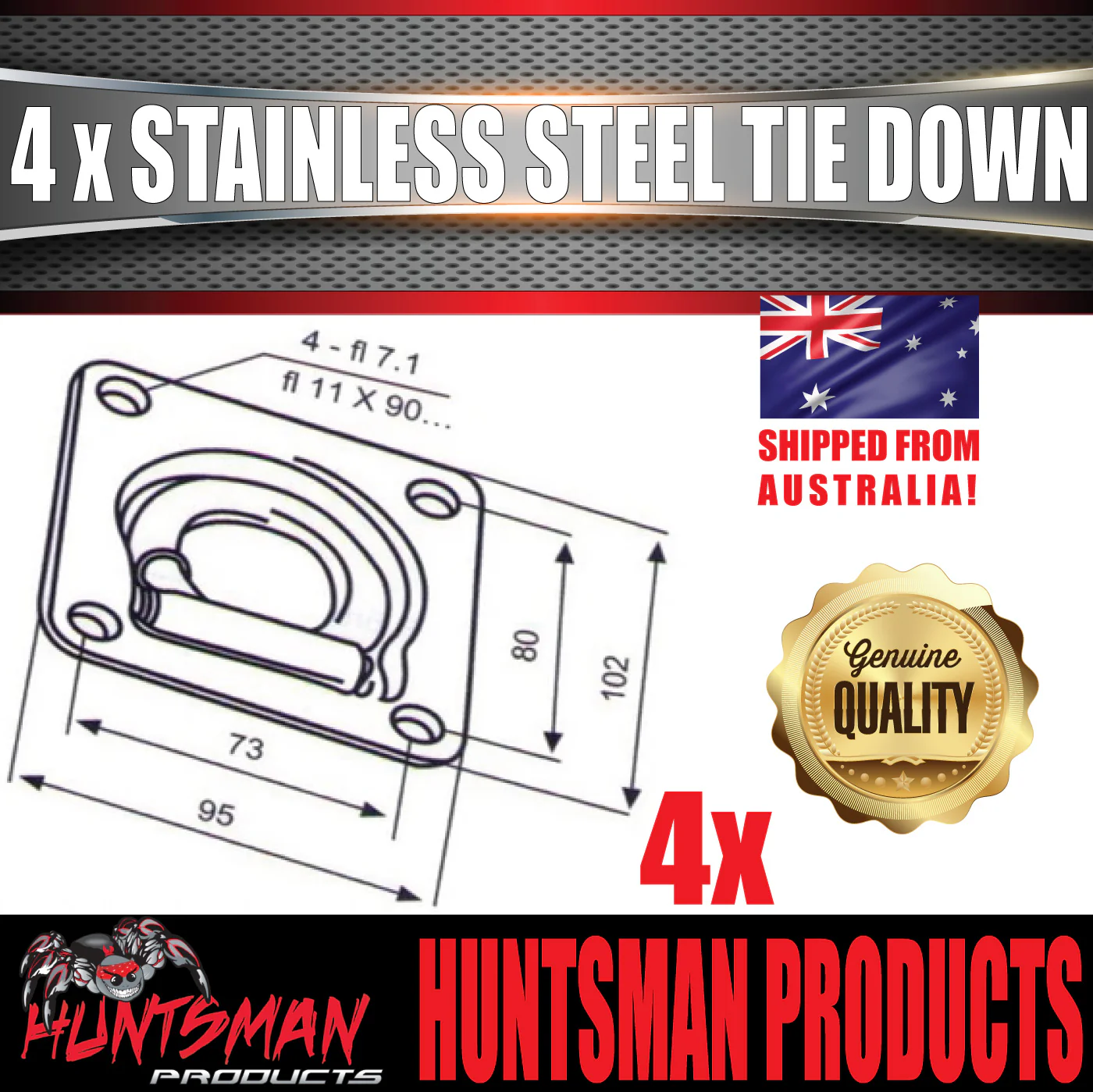 x4 Stainless Steel Lashing Ring Tie Down Point. 95mm x 102mm. Anchor For Trailer Utes - Image 2